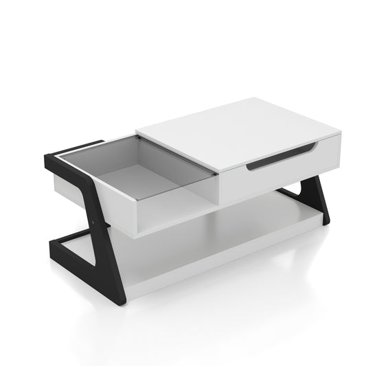 Right angled contemporary white and black lift-top storage coffee table with two shelves on a white background