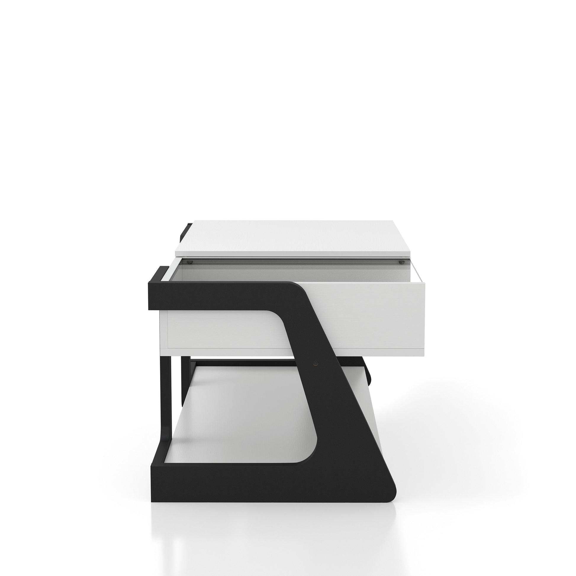 Front-facing side view of a contemporary white and black lift-top storage coffee table with two shelves on a white background