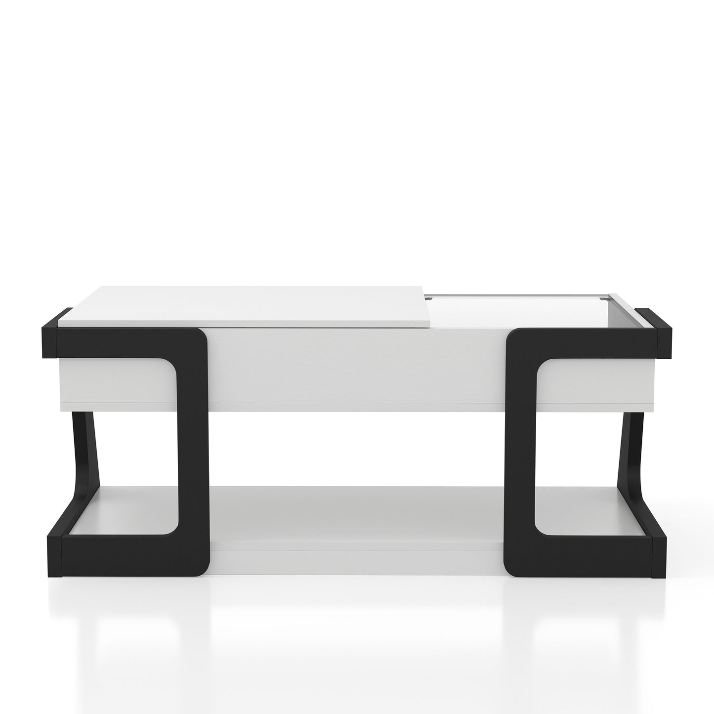 Front-facing contemporary white and black lift-top storage coffee table with two shelves on a white background