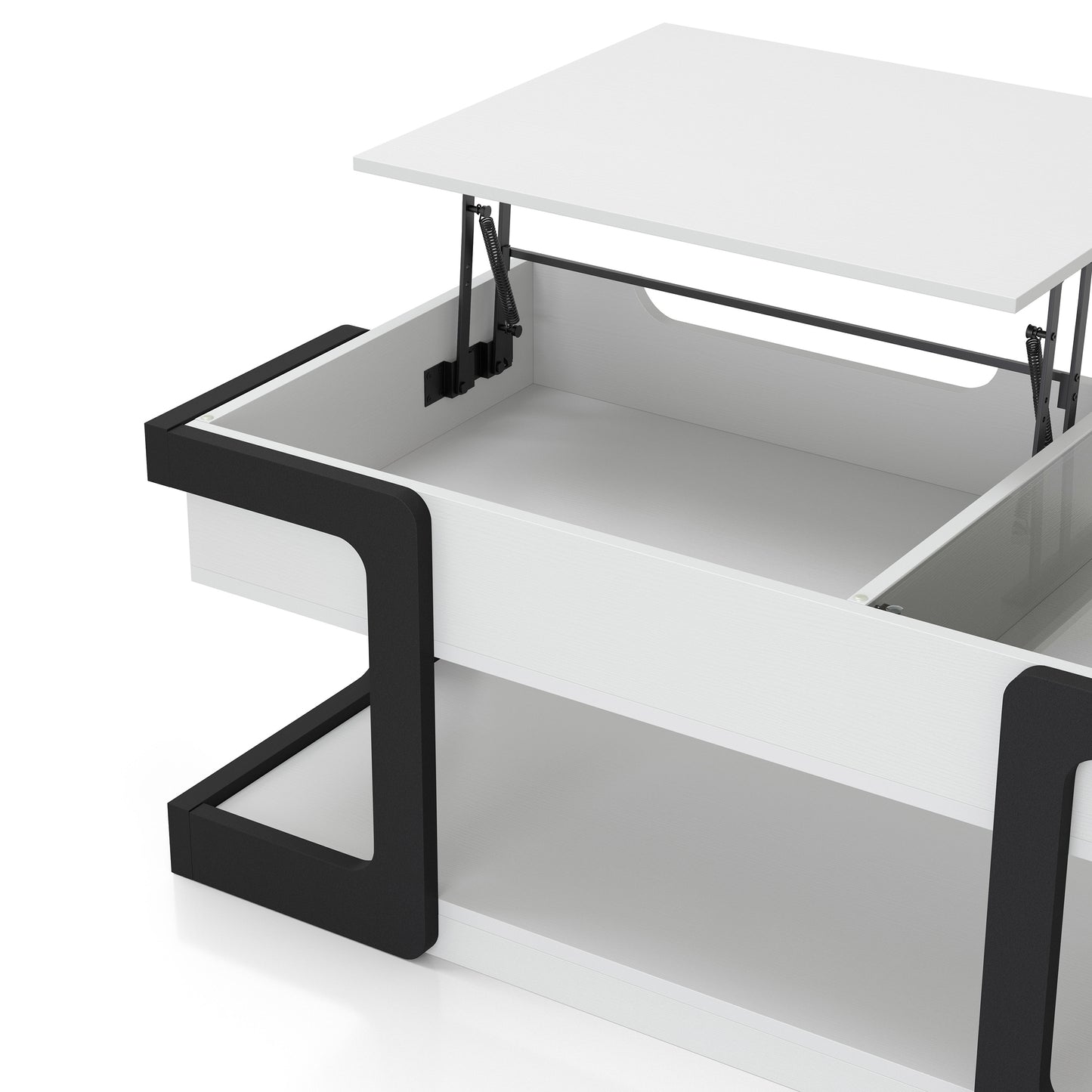 Left angled close-up view of a contemporary white and black lift-top storage coffee table with two shelves and top raised on a white background