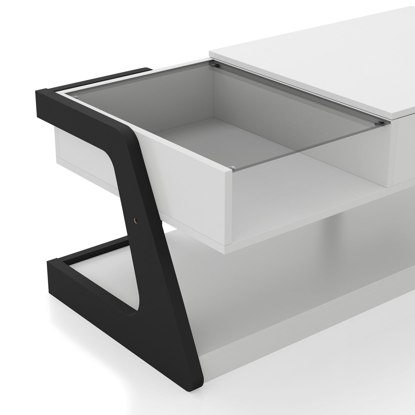Right angled glass inset close-up view of a contemporary white and black lift-top storage coffee table with two shelves on a white background