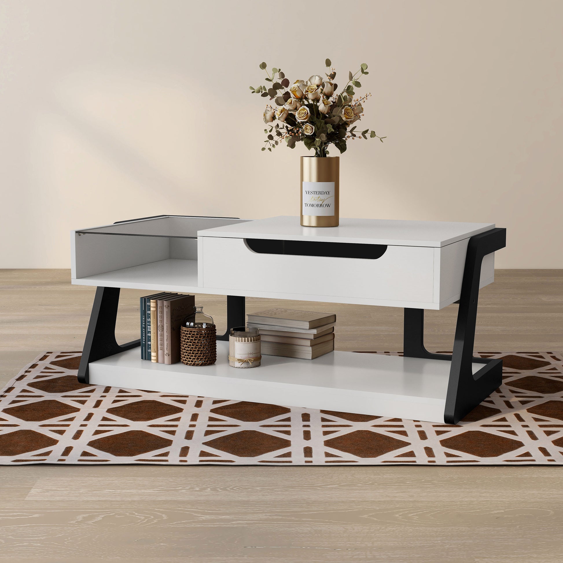 Left angled contemporary white and black lift-top storage coffee table with two shelves on an area rug with accessories