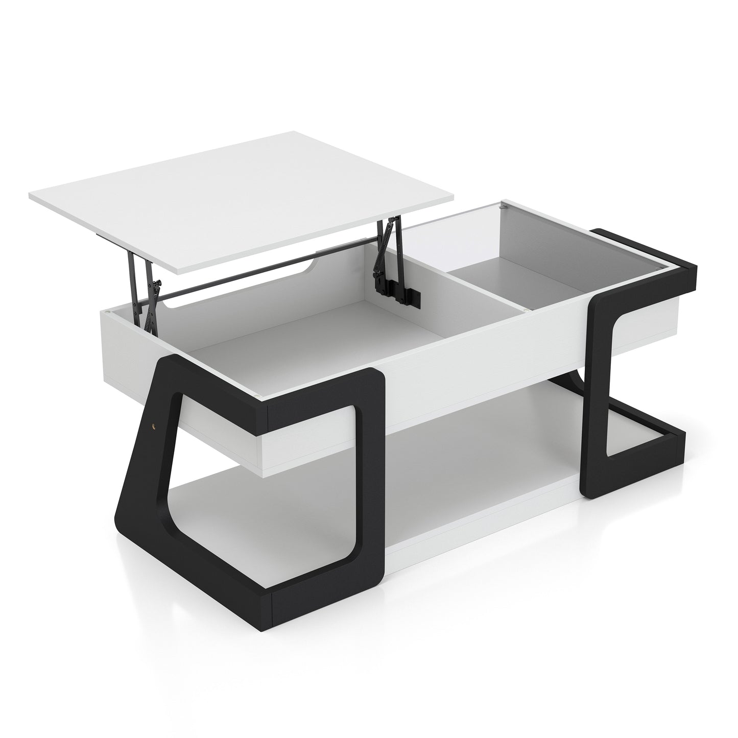 Right angled contemporary white and black lift-top storage coffee table with two shelves and top raised on a white background