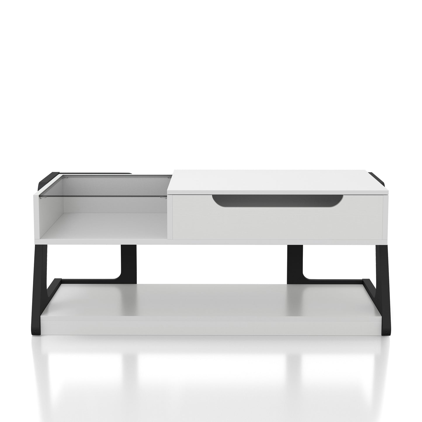 Front-facing contemporary white and black lift-top storage coffee table with two shelves on a white background