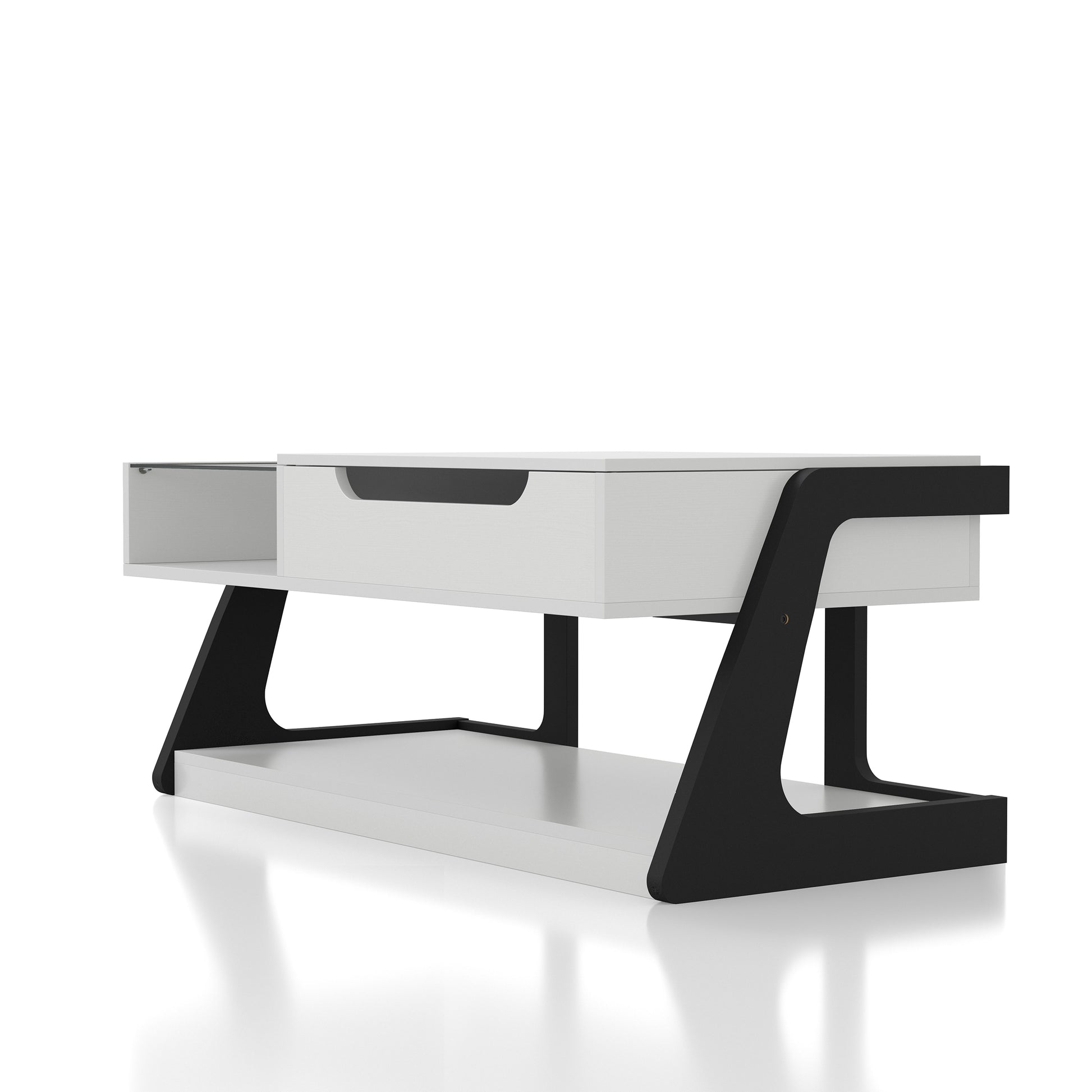 Left angled contemporary white and black lift-top storage coffee table with two shelves on a white background