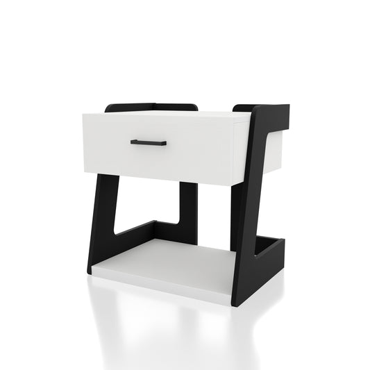 Left angled contemporary white and black one-drawer side table with a shelf on a white background