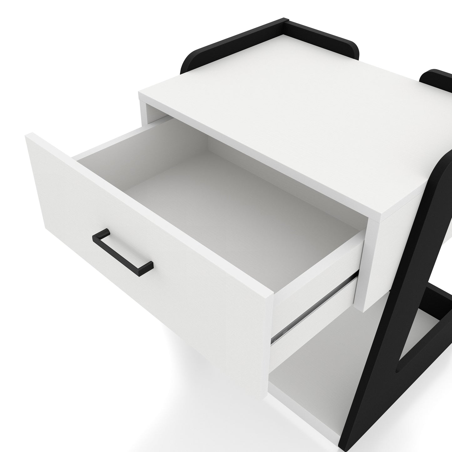 Left angled close-up view of a contemporary white and black one-drawer side table with a shelf and drawer open on a white background
