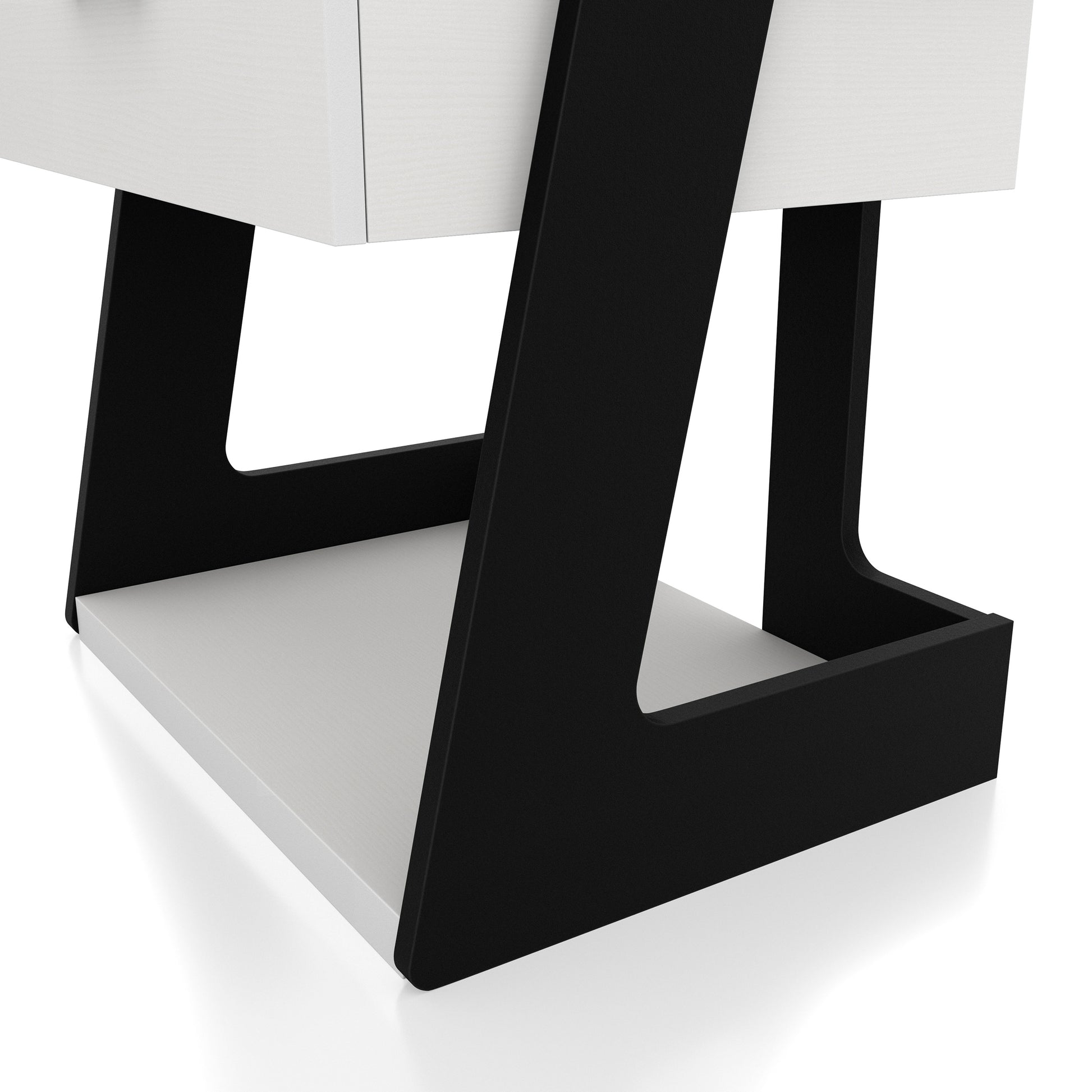 Left angled base close-up view of a contemporary white and black one-drawer side table with a shelf on a white background