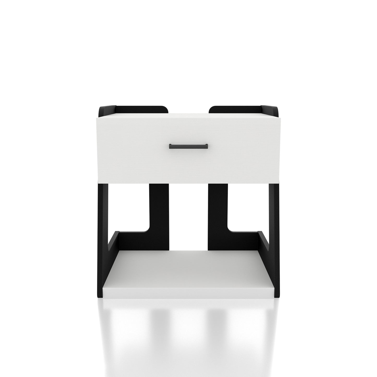 Front-facing contemporary white and black one-drawer side table with a shelf on a white background