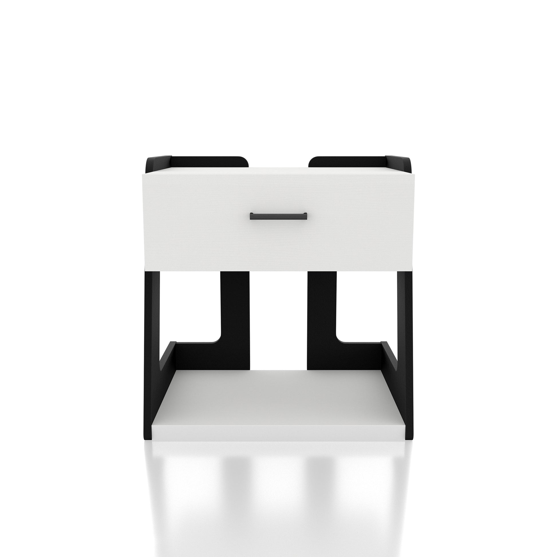 Front-facing contemporary white and black one-drawer side table with a shelf on a white background