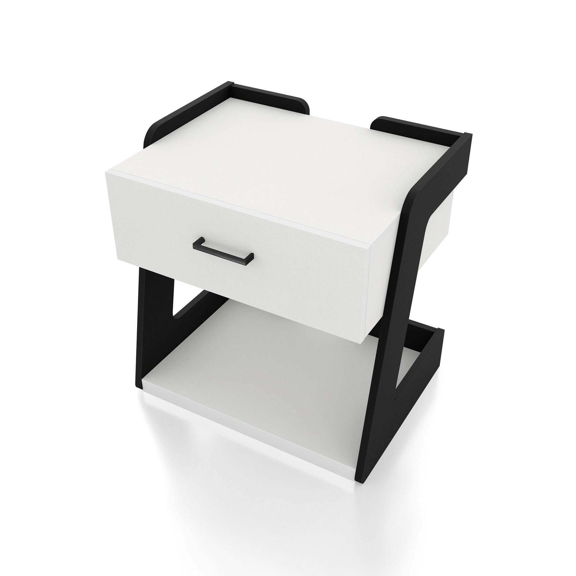 Left angled bird's eye view of a contemporary white and black one-drawer side table with a shelf on a white background