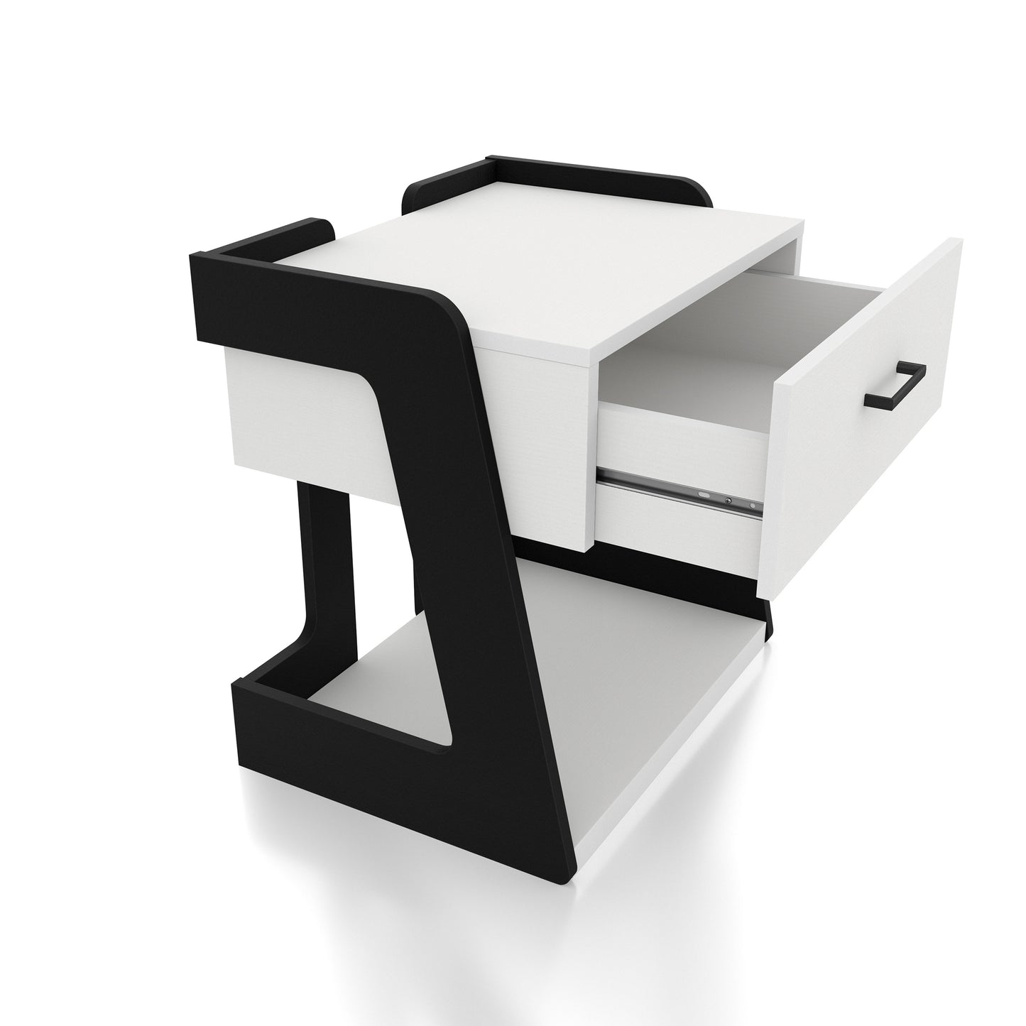 Right angled contemporary white and black one-drawer side table with a shelf and drawer open on a white background